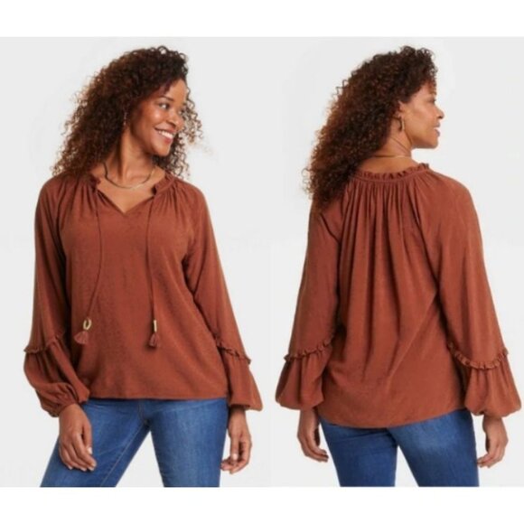 Knox Rose Women's Balloon Long Sleeve Blouse Brown XL - Picture 1 of 9